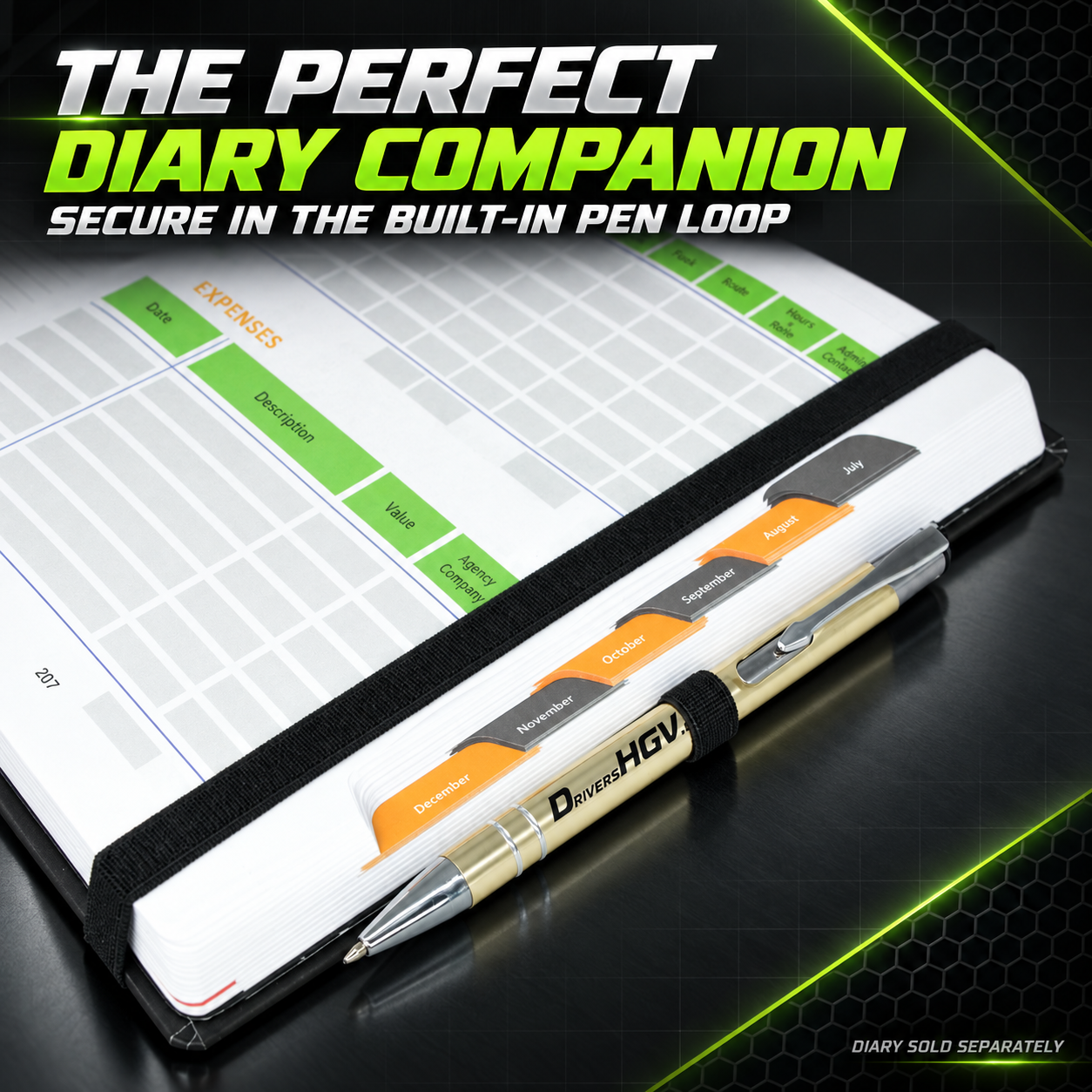 Champagne-gold DriversHGV.uk gel pen secured in the built-in pen loop of the HGV Drivers Diary 2027